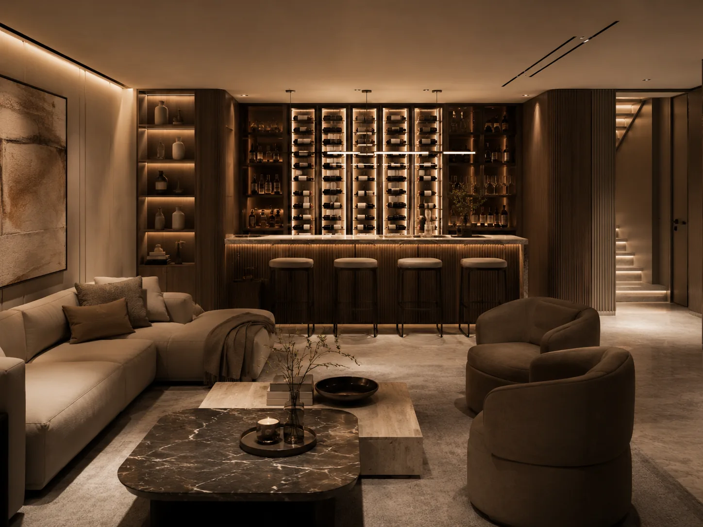 The designer bar and illuminated wine wall
