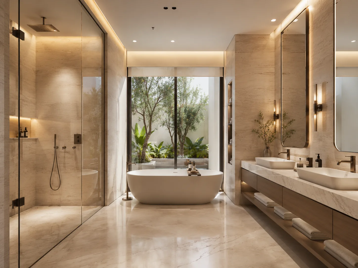 The principal bathroom finished in marble and burnished bronze