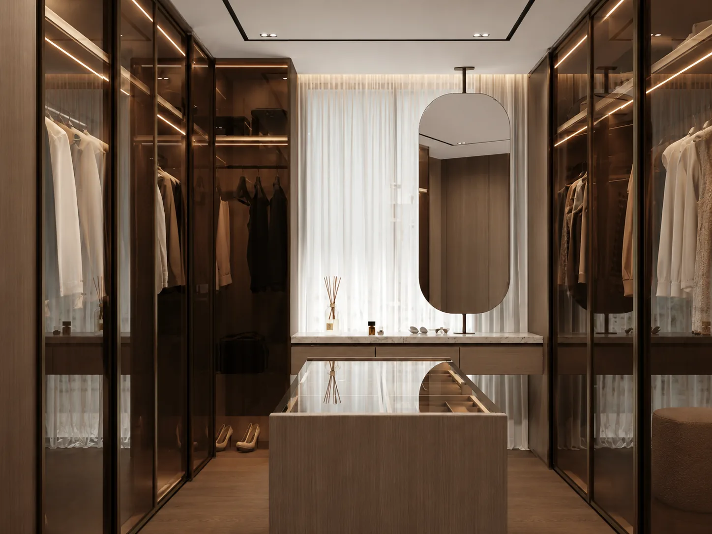 A fitted walk-in dressing room