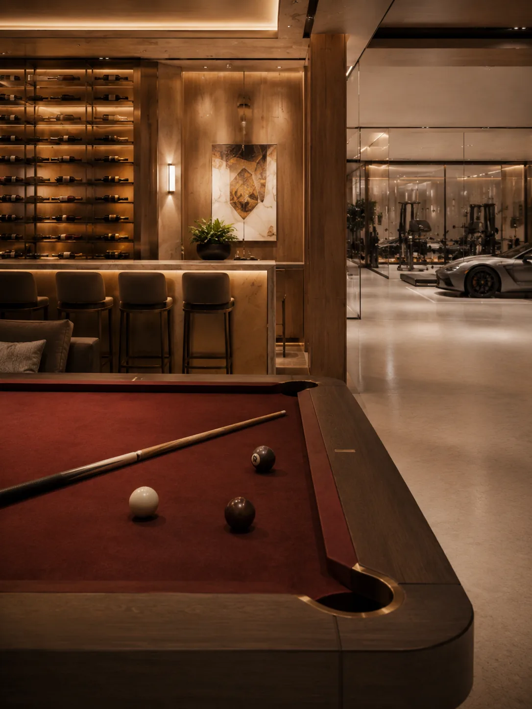 Lifestyle spaces including the cinema, bar and wine wall