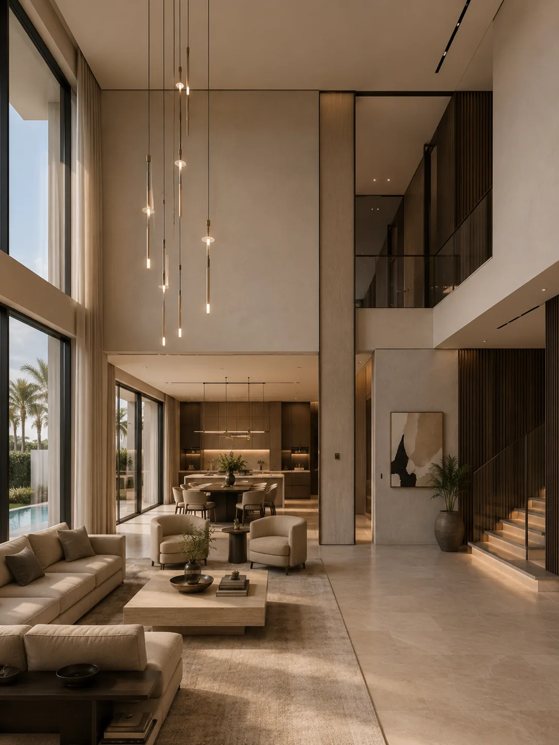 Living spaces including the double-height room, kitchen and dining area