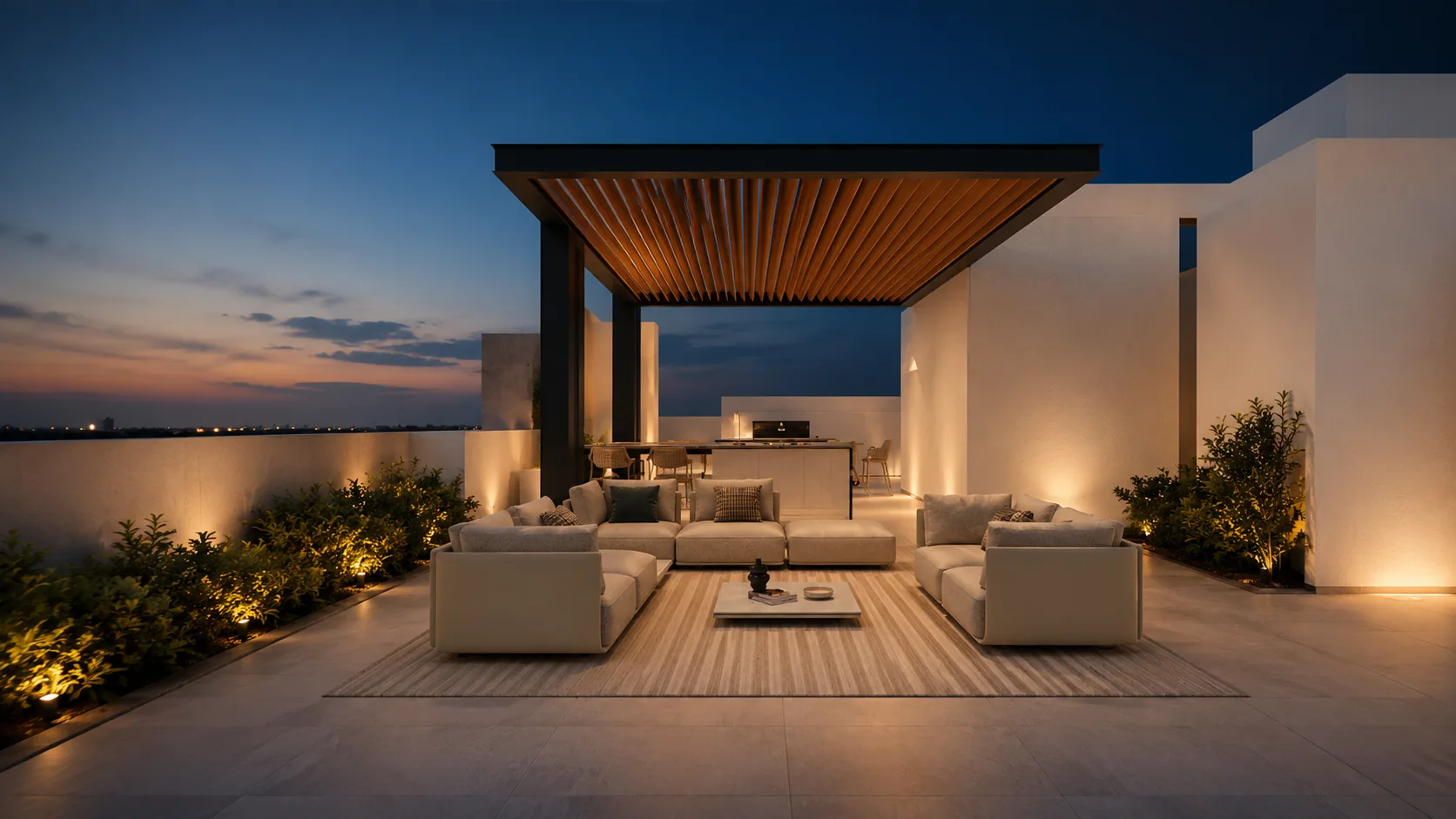 Outdoor spaces including the rooftop lounge, terraces, pool and garden