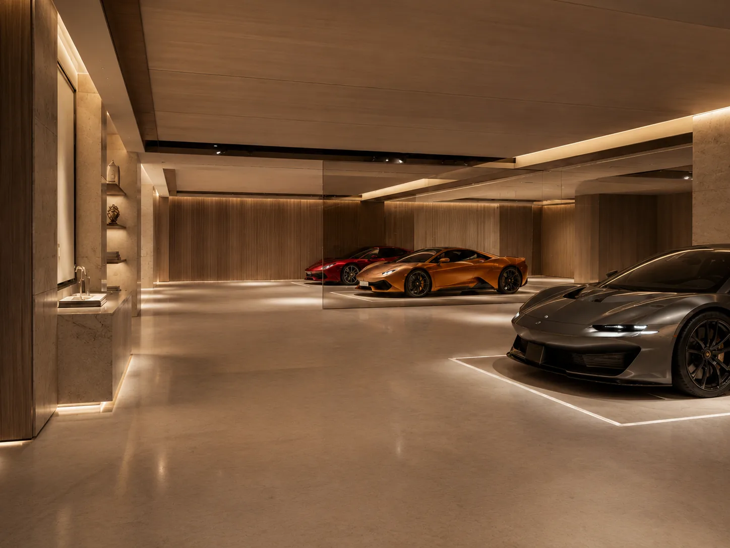 The private motor gallery, lit behind glass off the basement