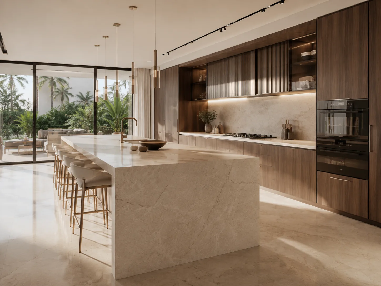 The show kitchen with a marble island