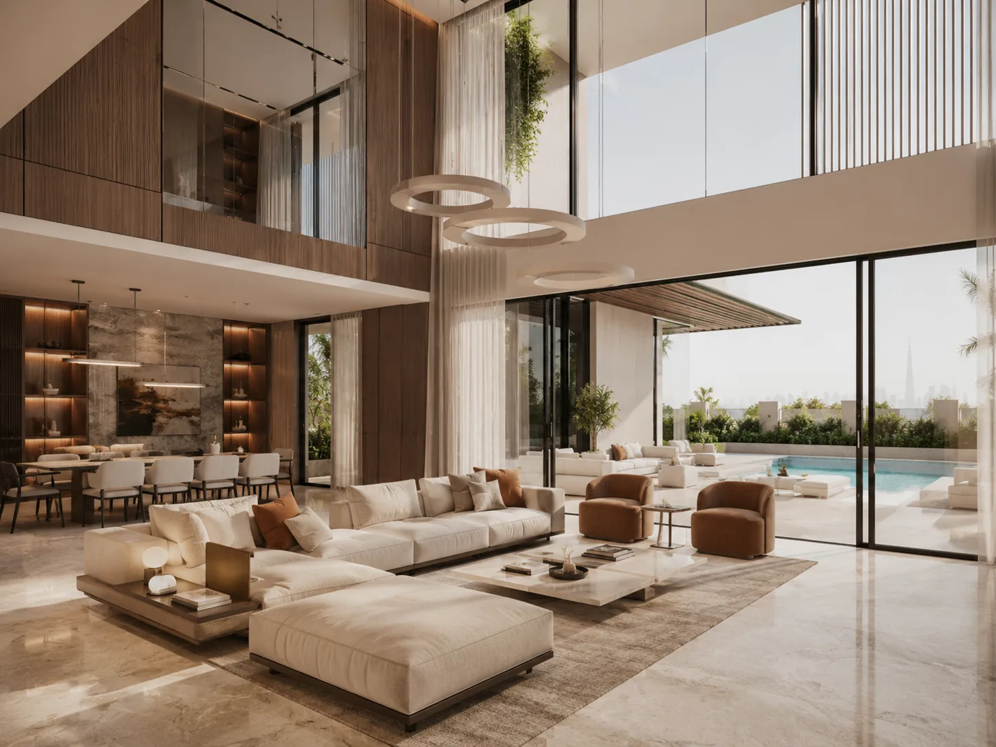 The double-height living room with glazing opening to the garden
