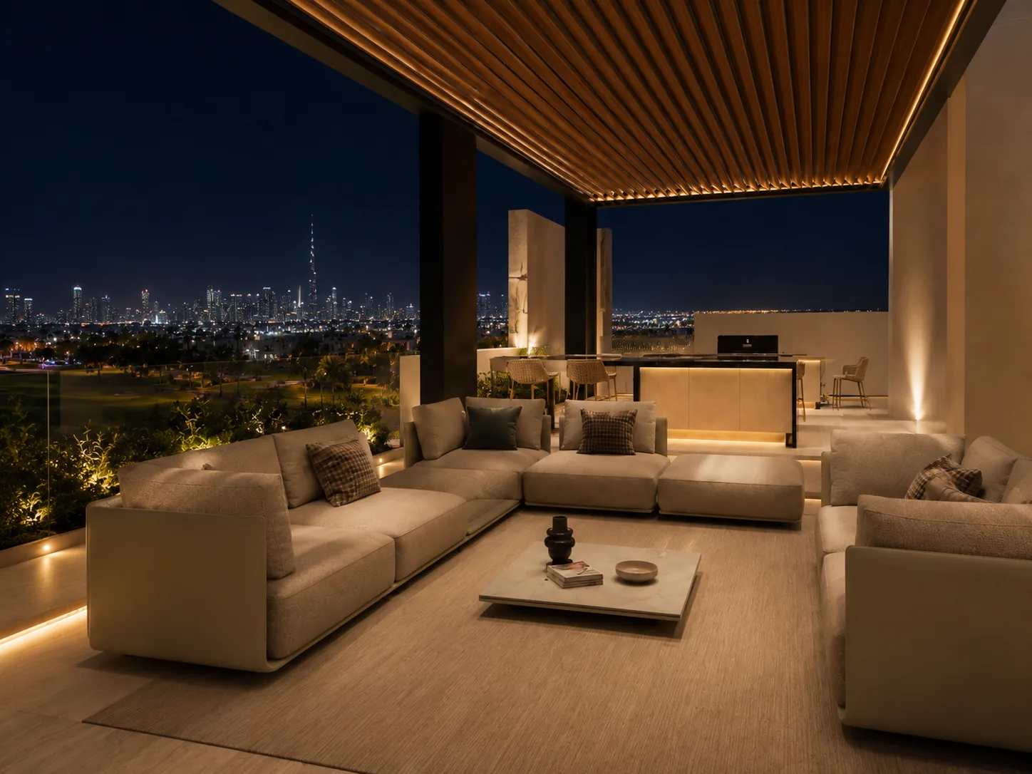 The covered rooftop lounge open to the evening air