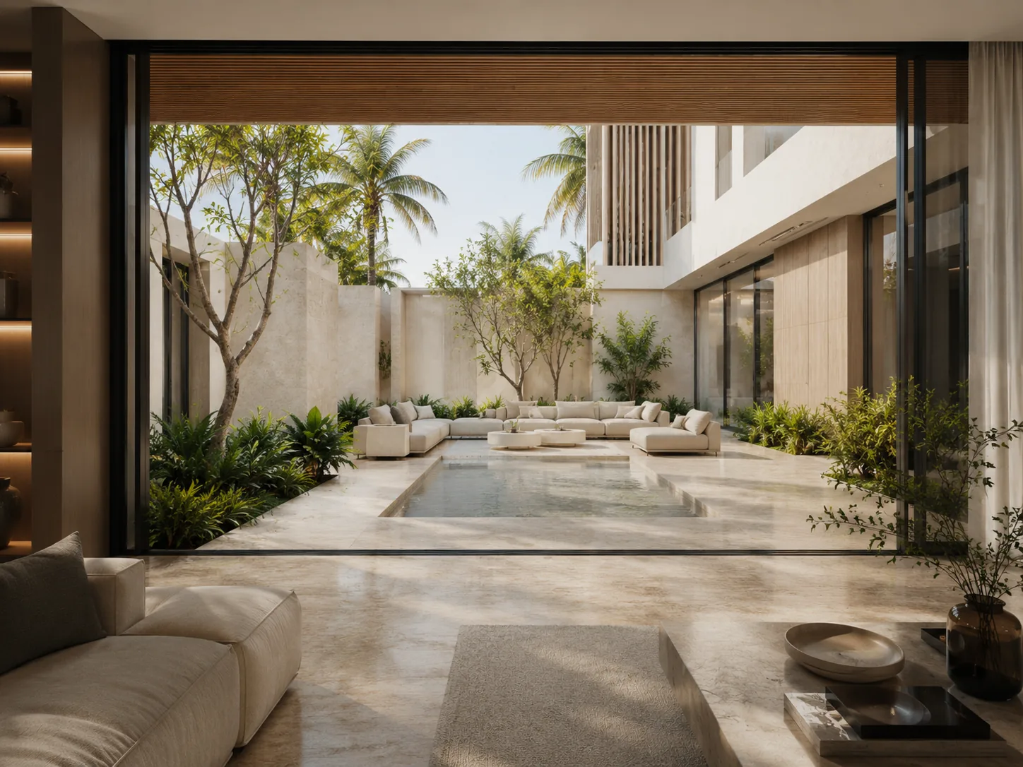 The living space opening to the pool and landscaped garden
