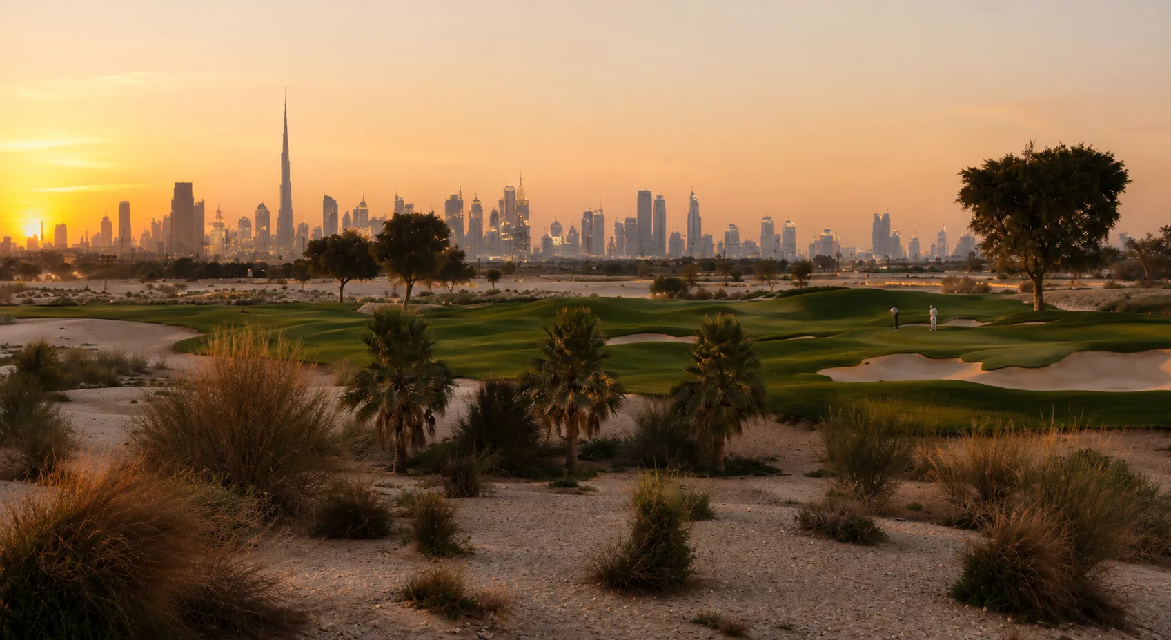 Dubai Hills golf course with villas and the Downtown skyline beyond