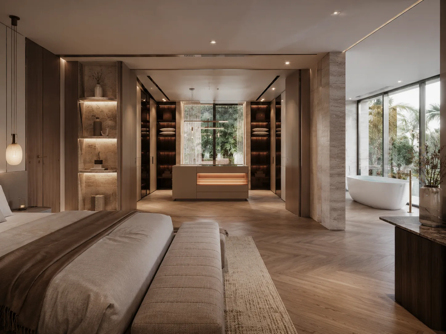 The principal bedroom suite with views across the golf course