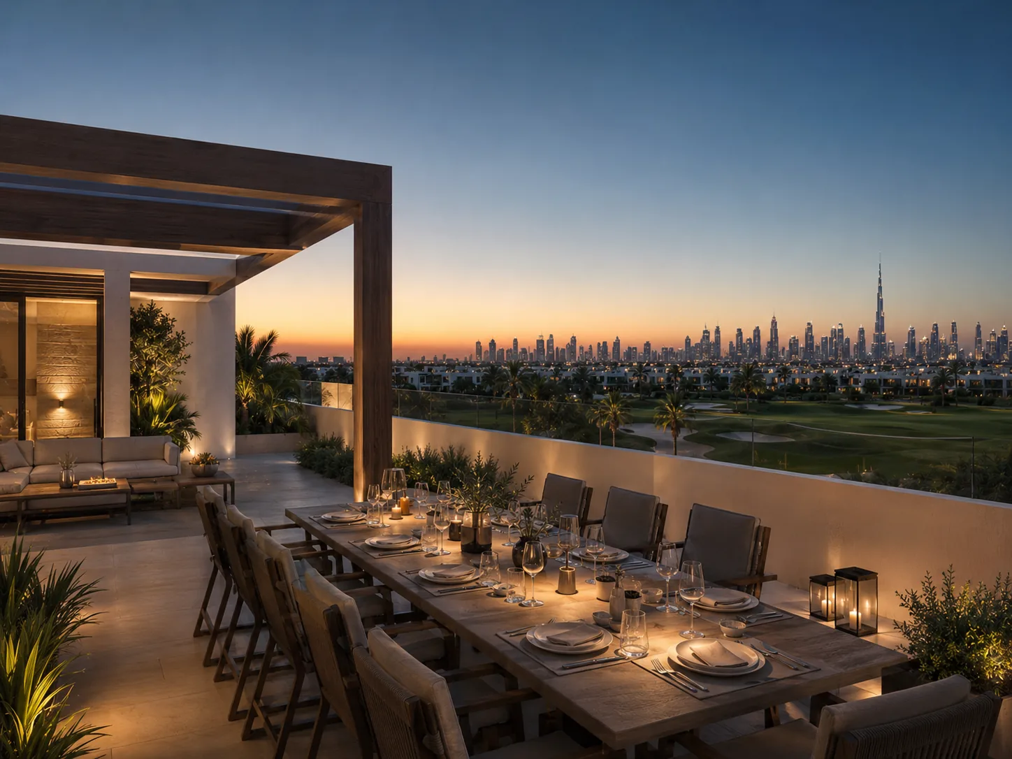 A rooftop dining table prepared for the evening