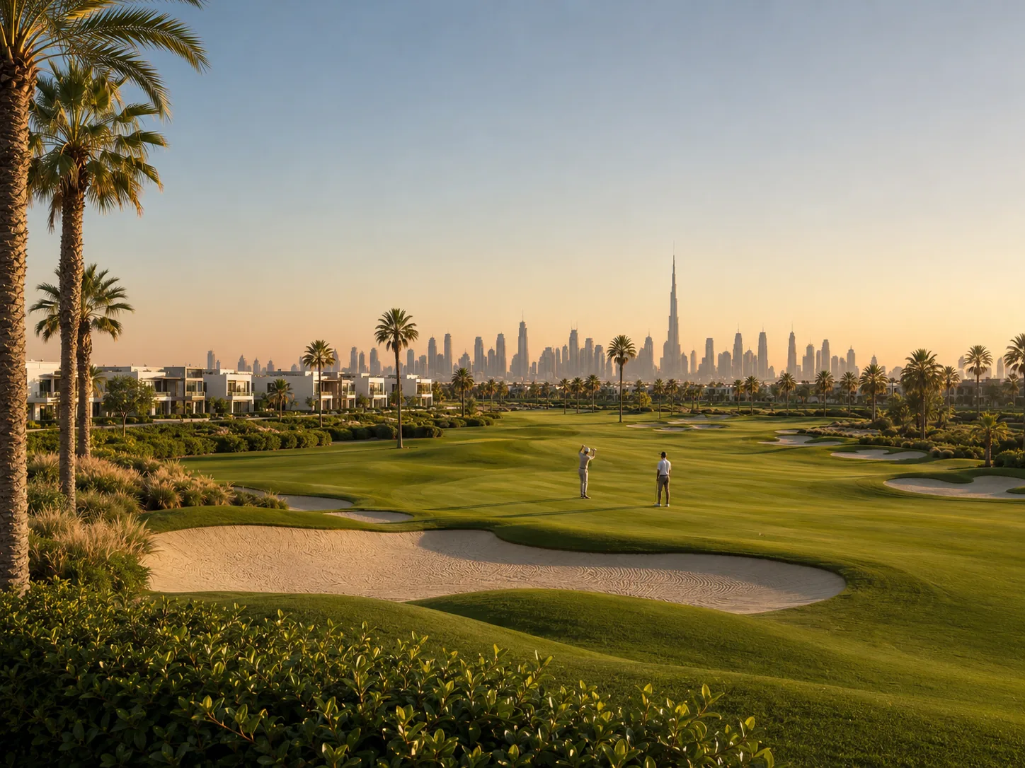 The golf course, gardens and Dubai skyline seen from the rooftop